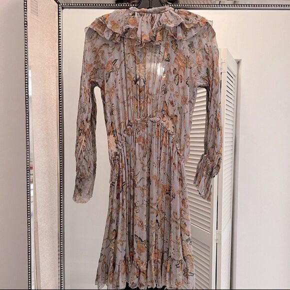 Auth Zimmermann Blue Floral Print Crinkled Chiffon Ruffled Drawstring Dress XS - Picture 7 of 10